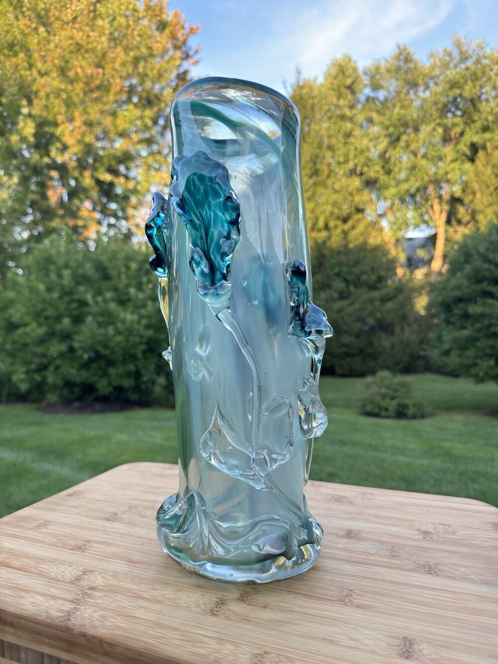 1997 Studio Art Glass Heavy Vase Teal Seafoam Applied Flowers 14.5"~ Signed